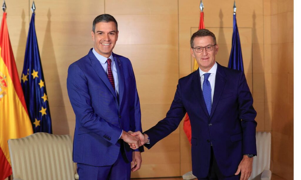 El líder del PP, Alberto Núñez Feijóo, se reúne con el presidente del Gobierno en funciones y secretario general del PSOE, Pedro Sánchez. Fuente EFE/ Mariscal.
