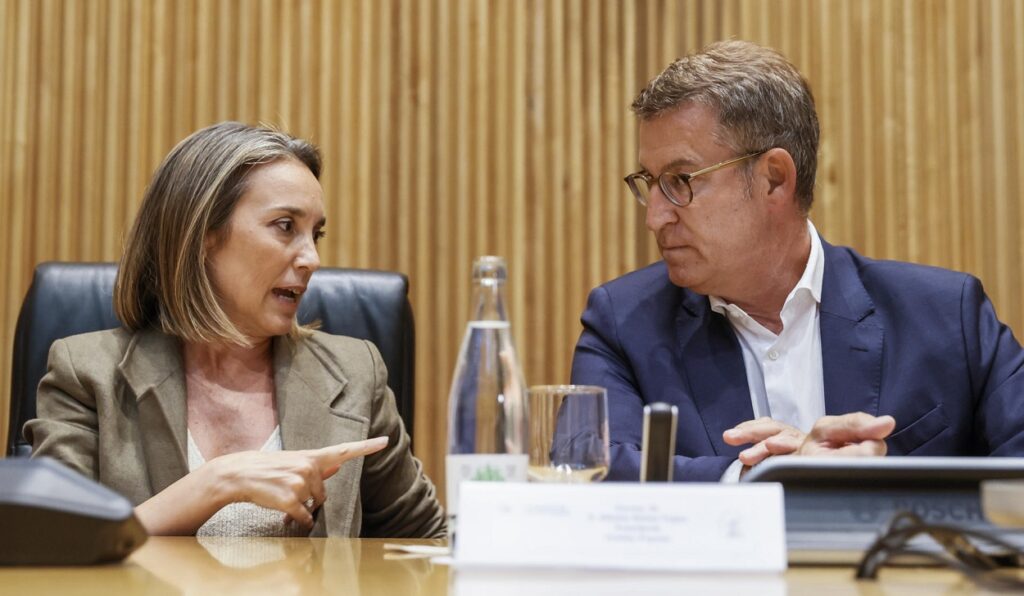 El presidente del PP, Alberto Núñez Feijóo, junto a Cuca Gamarra durante la reunión convocada con los nuevos diputados y senadores. Fuente EFE Mariscal.