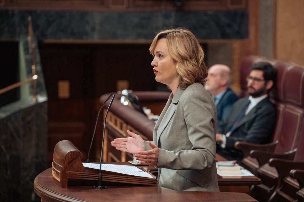 La ministra de Educación y Formación Profesional y Deportes y portavoz del Gobierno, Pilar Alegría, interviene durante una sesión plenaria en el Congreso de los Diputados | GABRIEL LUENGAS (EUROPA PRESS).