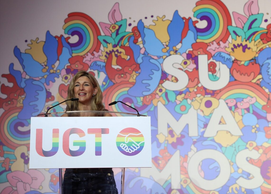 La vicepresidenta segunda y ministra de Trabajo y Economía Social, Yolanda Díaz, interviene en la inauguración del primer encuentro estatal LGTBI, en el Madrid Marriott Auditorium Hotel & Conference Center, a 5 de julio de 2022, en Madrid (España). 
Marta Fernández / Europa Press