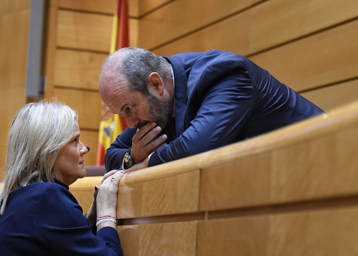 La senadora del PP y secretaria segunda de la Mesa, Marimar Blanco, y el presidente del Senado, Pedro Rollán, durante el pleno extraordinario en el Senado en el que se ha abordado la ley sobre intercambio de antecedentes penales de la UE | FERNANDO SÁNCHEZ (EUROPA PRESS)