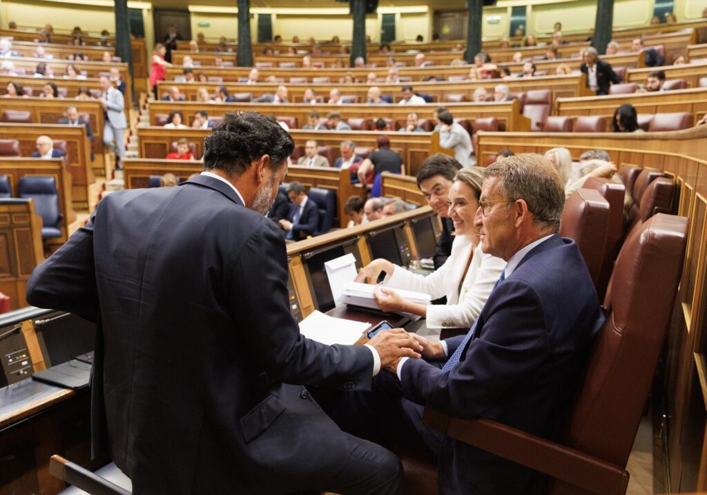 El líder del PP, Alberto Núñez Feijóo, charla desde su escaño con Guillermo Mariscal, Cuca Gamarra y Carlos Rojas | EDUARDO PARRA (EUROPA PRESS).