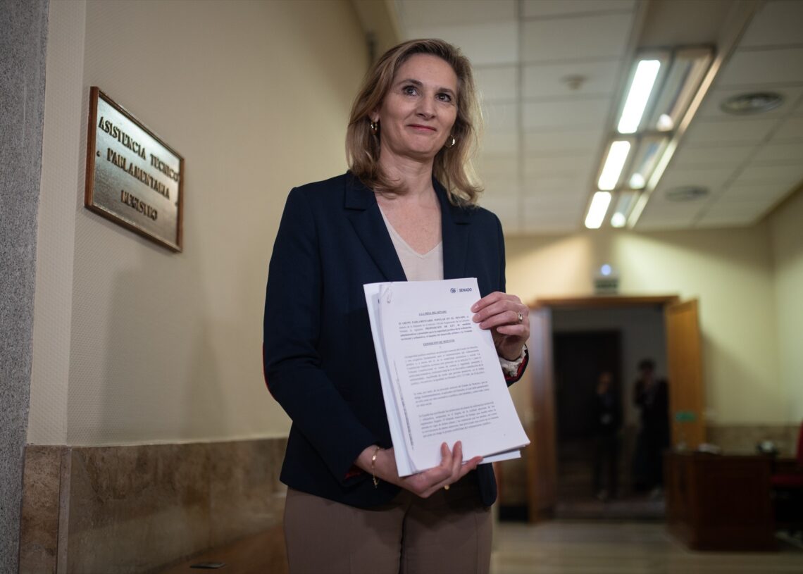 La vicesecretaria de Desarrollo Sostenible del PP, Paloma Martín, posa tras registrar en el Senado la reforma de la Ley del Suelo | ALEJANDRO VÉLEZ (EUROPA PRESS).