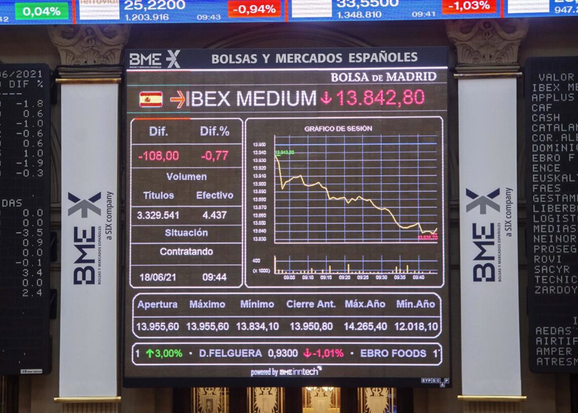 Archivo - Valores del Ibex 35 en los paneles del Palacio de la Bolsa de Madrid, a 18 de junio de 2021, en Madrid, (España). El Ibex 35 ha iniciado la sesión de este viernes con una caída del 0,68%, lo que ha llevado al selectivo a situarse en los 9.133 enAlberto Ortega - Europa Press - Archivo