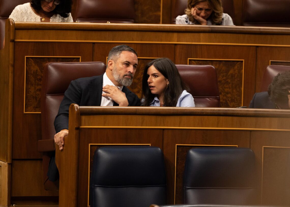 El líder de Vox, Santiago Abascal, y la portavoz de Vox en el Congreso, Pepa Millán, en el Congreso de los Diputados, a 22 de julio de 2025, en Madrid (España). Ananda Manjón - Europa Press