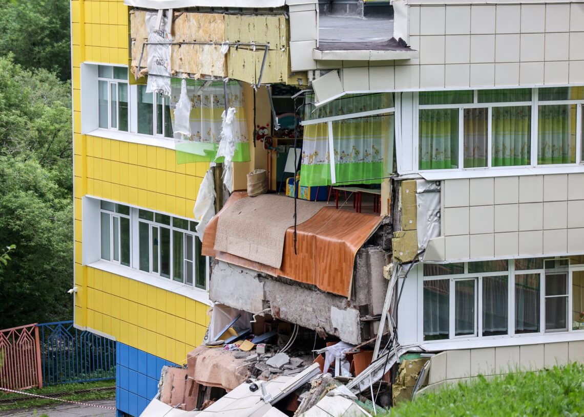 30 July 2025, Russia, Petropavlovsk-Kamchatsky: A kindergarten building is partially collapsed in Kamchatka, after a powerful earthquake that struck off the Russian far-eastern peninsula. Photo: Valeria Kosilova/TASS via ZUMA Press/dpaValeria Kosilova/TASS via ZUMA P / DPA