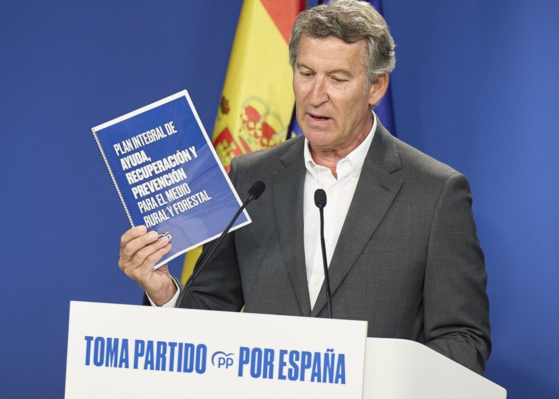 El presidente del PP, Alberto Núñez Feijóo, durante una rueda de prensa posterior a la reunión del Comité de Dirección del PP, en la sede del partido, a 25 de agosto de 2025, en Madrid (España) | JESÚS HELLÍN (EP)