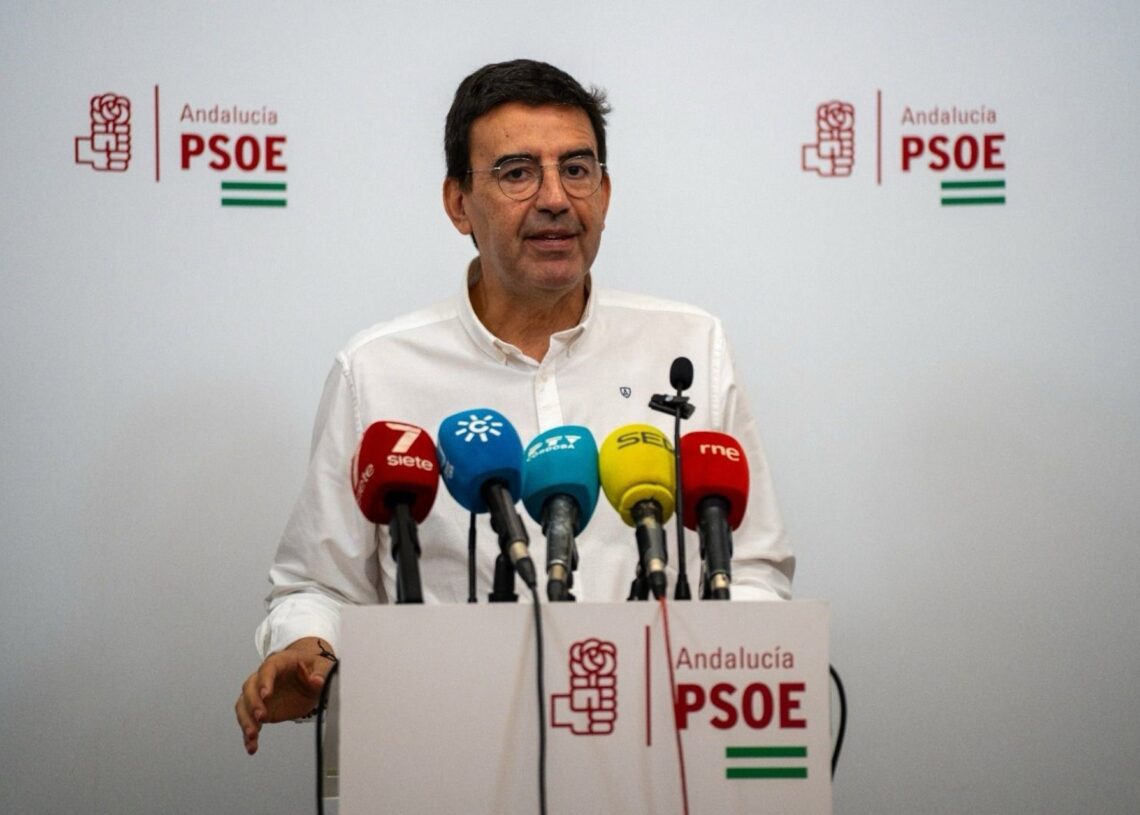 El portavoz de Presidencia del PSOE-A en el Parlamento andaluz, Mario Jiménez, en rueda de prensa en Córdoba.PSOE