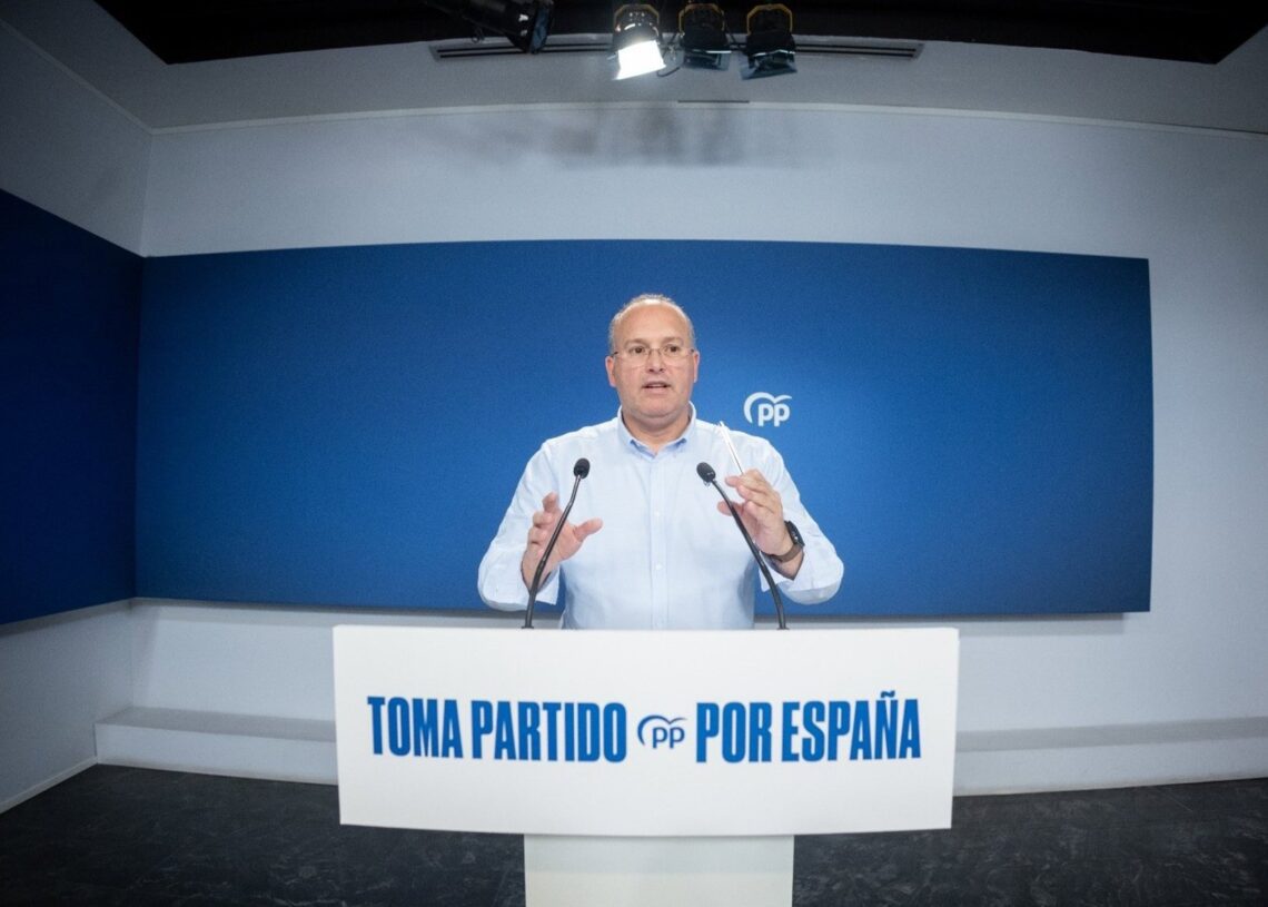 El secretario general del PP, Miguel Tellado, ofrece una rueda de prensa sobre asuntos de actualidad en la sede del PP de Madrid, el 6 de agosto de 2025.EDUARDO PARRA - EUROPA PRESS