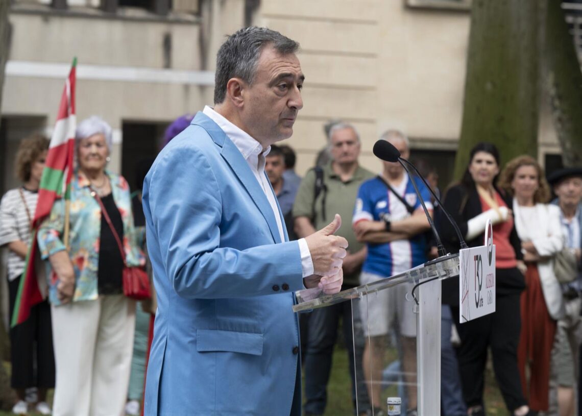 El presidente del EBB del PNV, Aitor Esteban, durante su intervención en la celebración del 130 aniversario de la fundación de EAJ-PNV, a 28 de julio de 2025, en Bilbao (Bizkaia)David de Haro - Europa Press