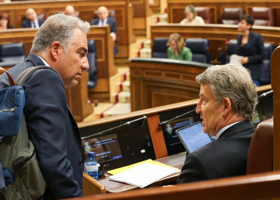 Archivo - El vicesecretario general de Política Autonómica del PP, Elías Bendodo, y el presidente del PP, Alberto Núñez Feijóo, en una imagen de archivo en el Congreso de los Diputados. Marta Fernández - Europa Press - Archivo