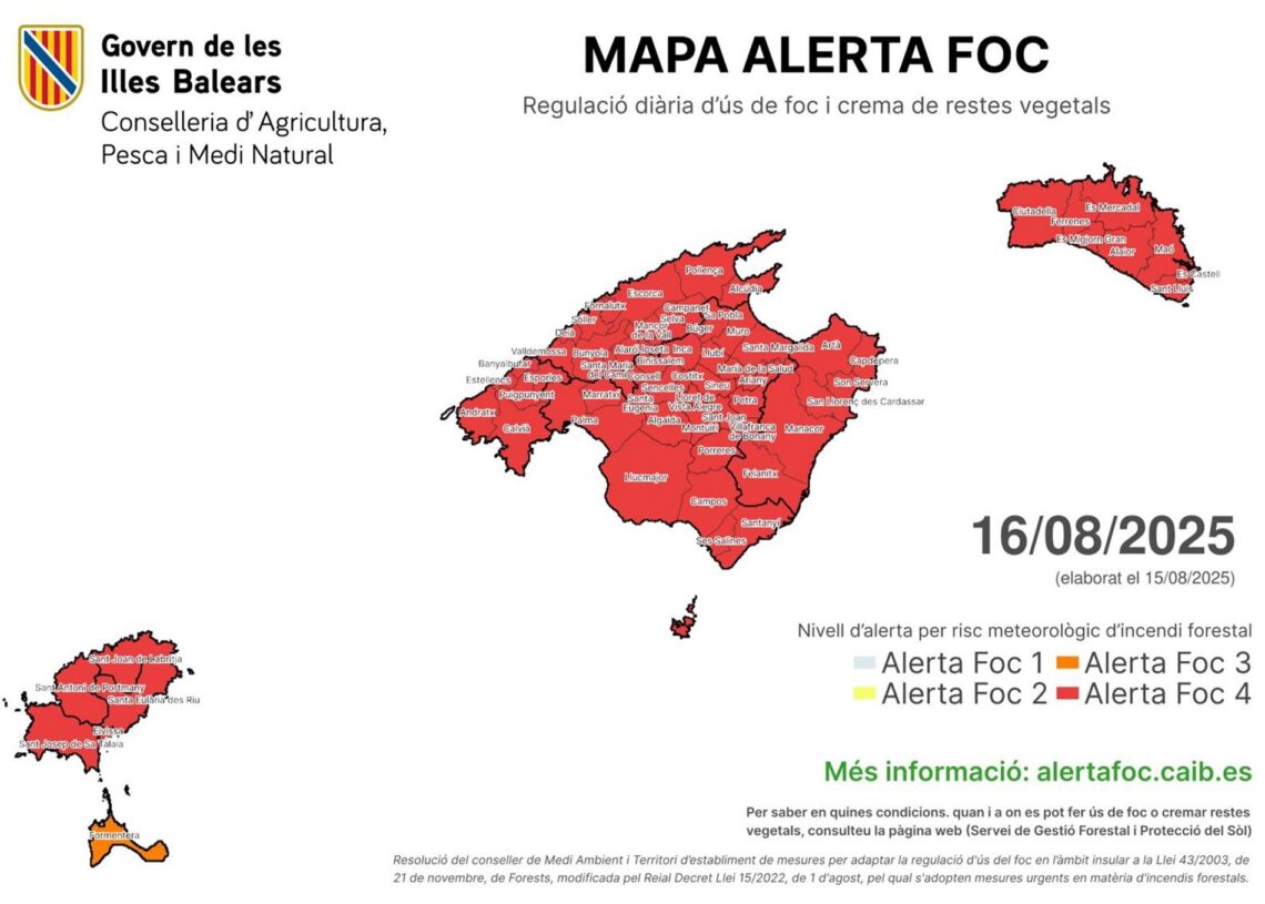Mapa de AlertaFoc de este sábado, 16 de agosto de 2025CAIB