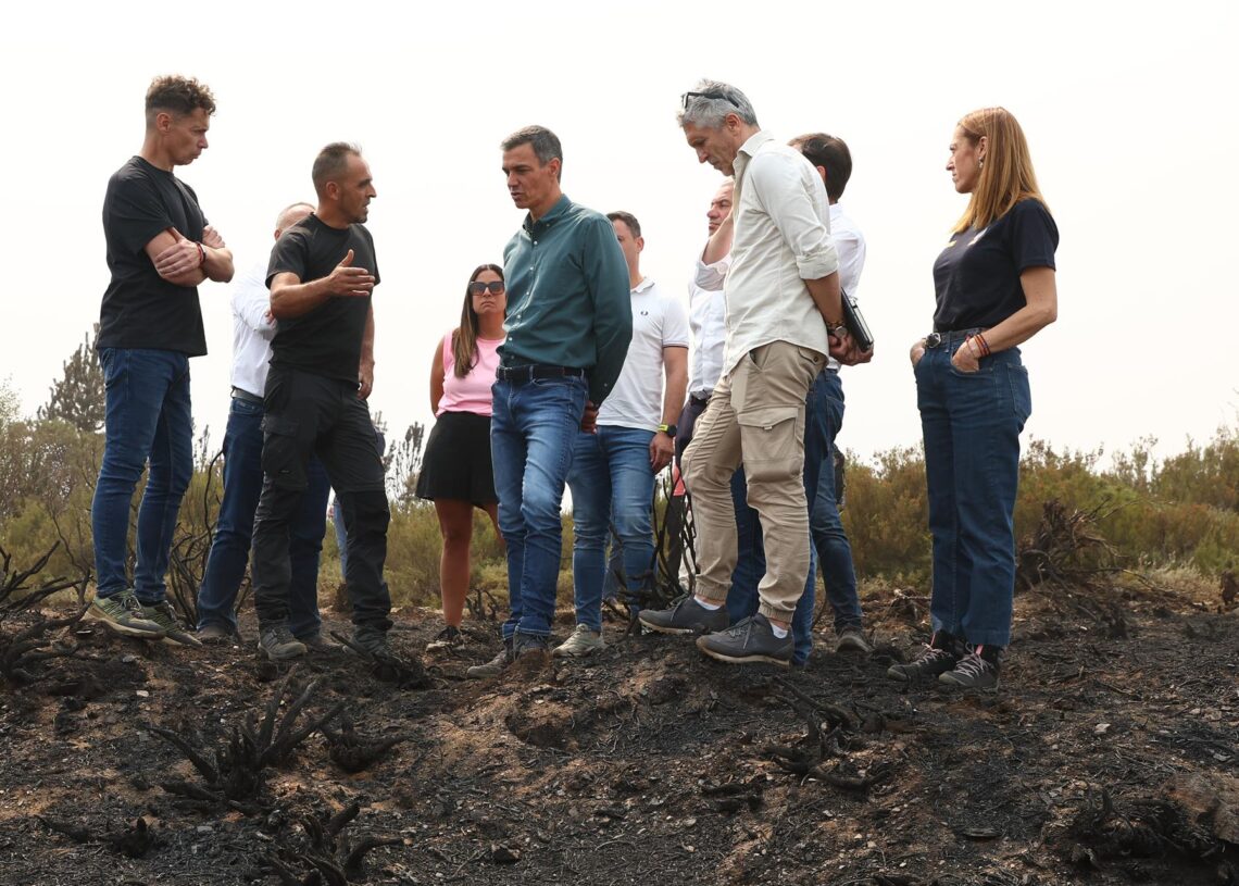 El presidente del Gobierno, Pedro Sánchez (c), y el ministro del Interior, Fernando Grande-Marlaska (2d), durante su visita a las zonas afectadas por los incendios forestales en Castilla y LeónPool Moncloa/Fernando Calvo