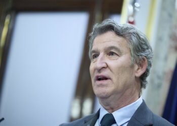 El presidente del PP, Alberto Núñez Feijóo, durante una rueda de prensa en el Congreso Jesús Hellín - Europa Press