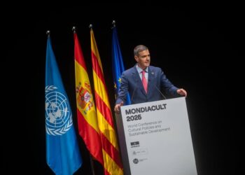 El presidente del Gobierno, Pedro Sánchez, durante su intervención en la inauguración de la conferencia Mondiacult, de la Unesco, en el Centro de Convenciones Internacionales de BarcelonaLORENA SOPENA - EUROPA PRESS
