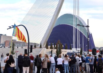 Un grupo de manifestantes aguardan el inicio del funeral de Estado por las víctimas de la dana en los alrededores del Museo de las Ciencias de Valencia | PAULA HERNÁNDEZ BALAGUER