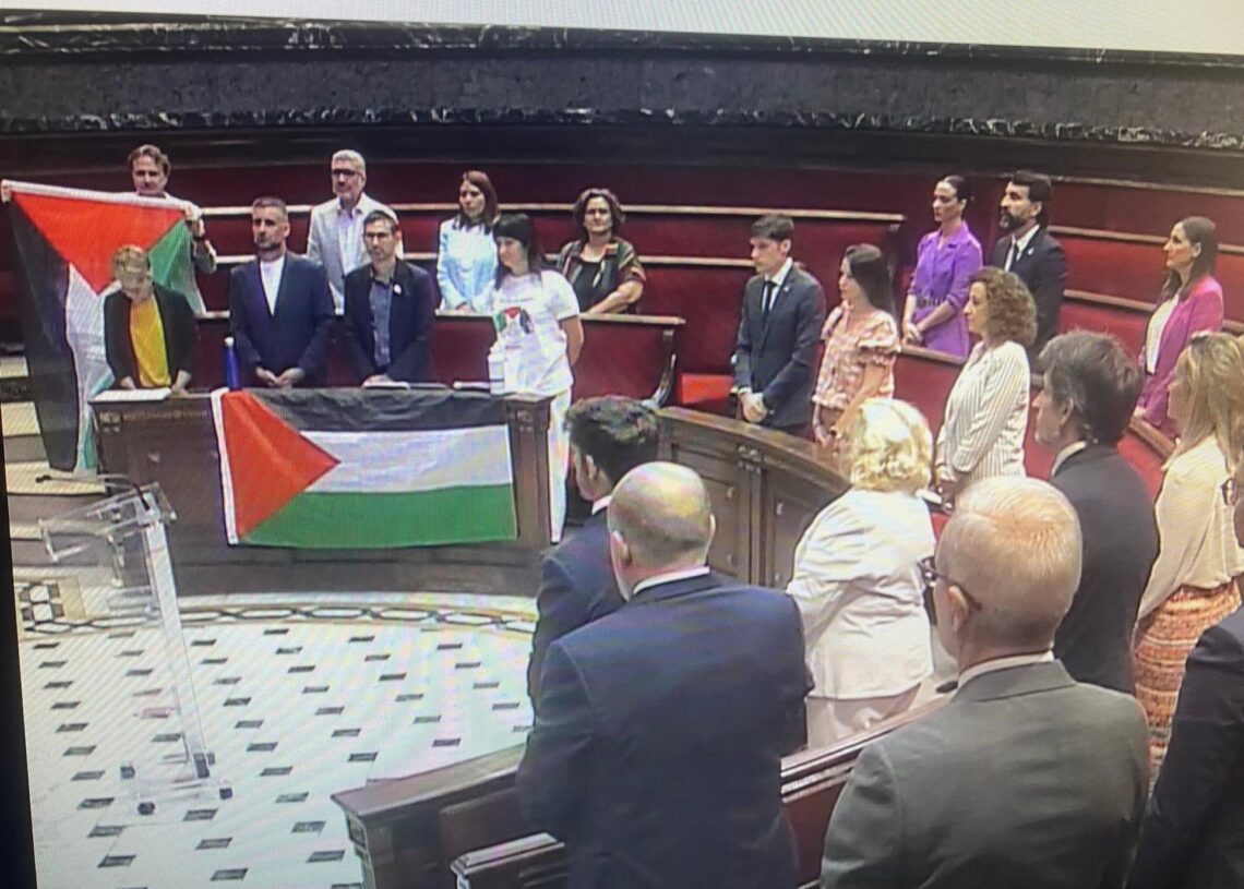 El grupo Compormís despliega una bandera de Palestina durante el minuto de silencio guardado en el pleno por todas las víctimas de los conflictos internacionalesEUROPA PRESS