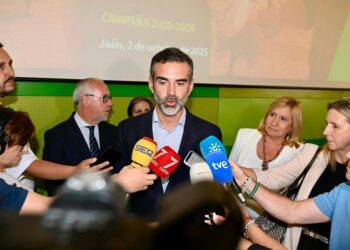 El consejero de Agricultura, Pesca, Agua y Desarrollo Rural, Ramón Fernández-Pacheco, atiende a los medios de comunicación en foro de producción del olivar de la campaña 2025-2026 en Andalucía celebrado en Mengíbar (Jaén).JUAN DE DIOS ORTIZ/EUROPA PRESS