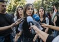 La secretaria general y diputada de Podemos, Ione Belarra, ofrece unas declaraciones a la prensa, antes de la movilización bajo el lema ‘Alto al genocidio contra el pueblo Palestino. Por el fin al comercio de armas y a las relaciones con Israel’.Mateo Lanzuela - Europa Press