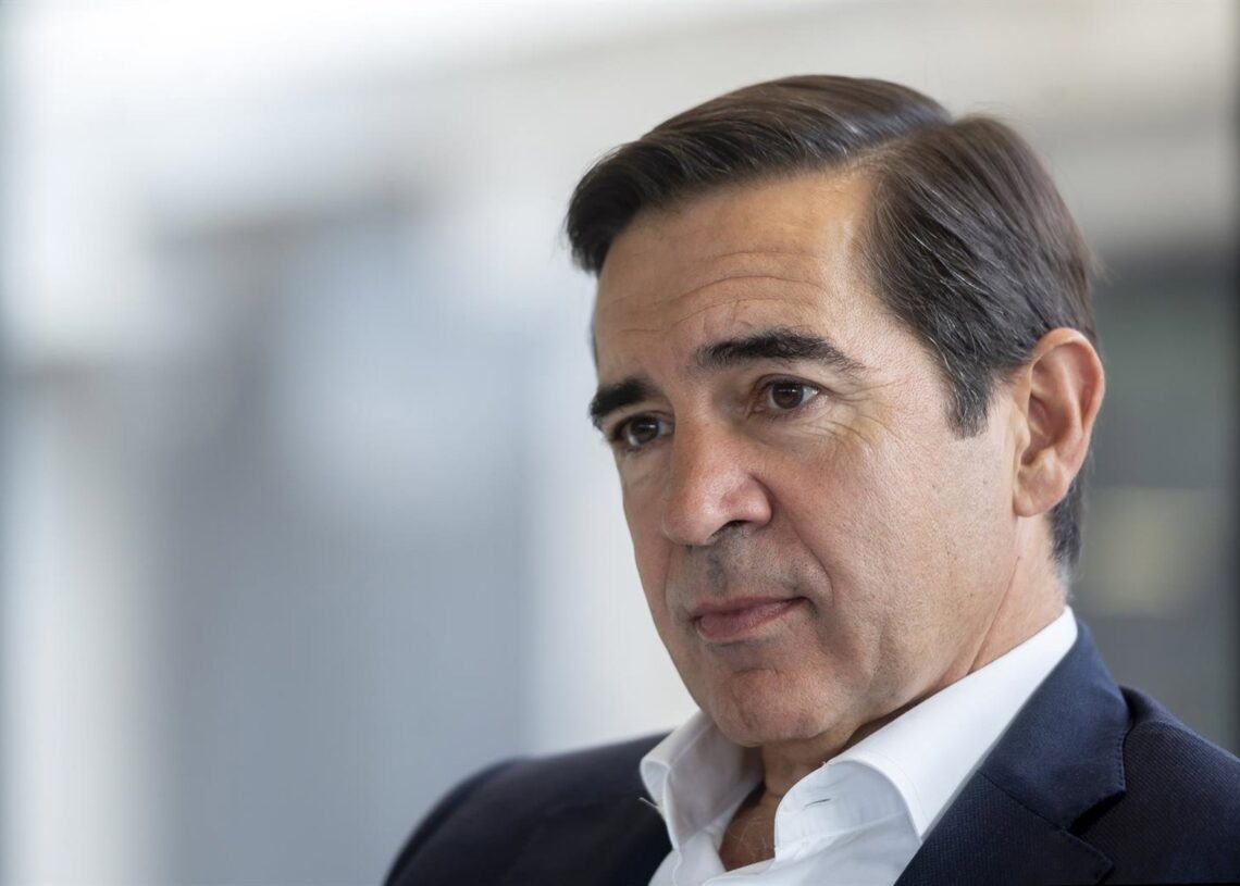 El presidente del BBVA, Carlos Torres Vila, durante una entrevista para Europa Press, en el edificio ‘La Vela’, en la ciudad del BBVA, a 8 de octubre de 2025, en Madrid (España). Alberto Ortega - Europa Press