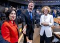 Archivo - El secretario general de la OTAN, Mark Rutte, junto a la ministra de Defensa, Margarita Robles, y la vicesecretaria general de la OTAN, Radmila Shekerinska.NATO - Archivo