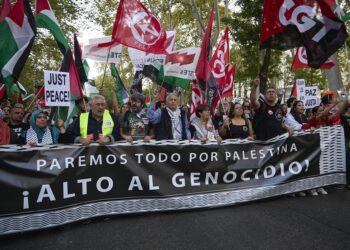 Decenas de personas durante una marcha con motivo de la huelga general convocada en apoyo a Palestina, a 15 de octubre de 2025, en Madrid (España). La marcha forma parte de la movilización nacional promovida por sindicatos como CGT, Solidaridad Obrera, ASJesús Hellín - Europa Press