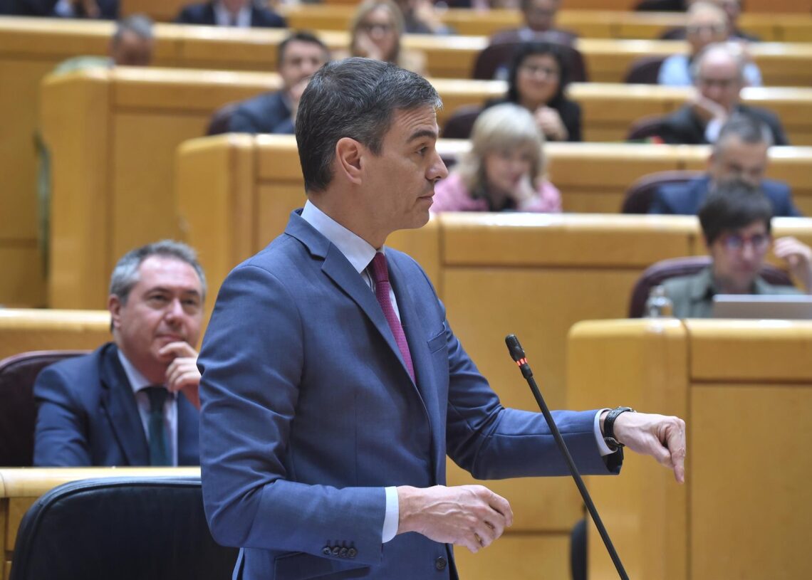 Archivo - El presidente del Gobierno, Pedro Sánchez, interviene durante una sesión de control al Gobierno, en el Senado, a 12 de marzo de 2024, en Madrid (España). Gustavo Valiente - Europa Press - Archivo