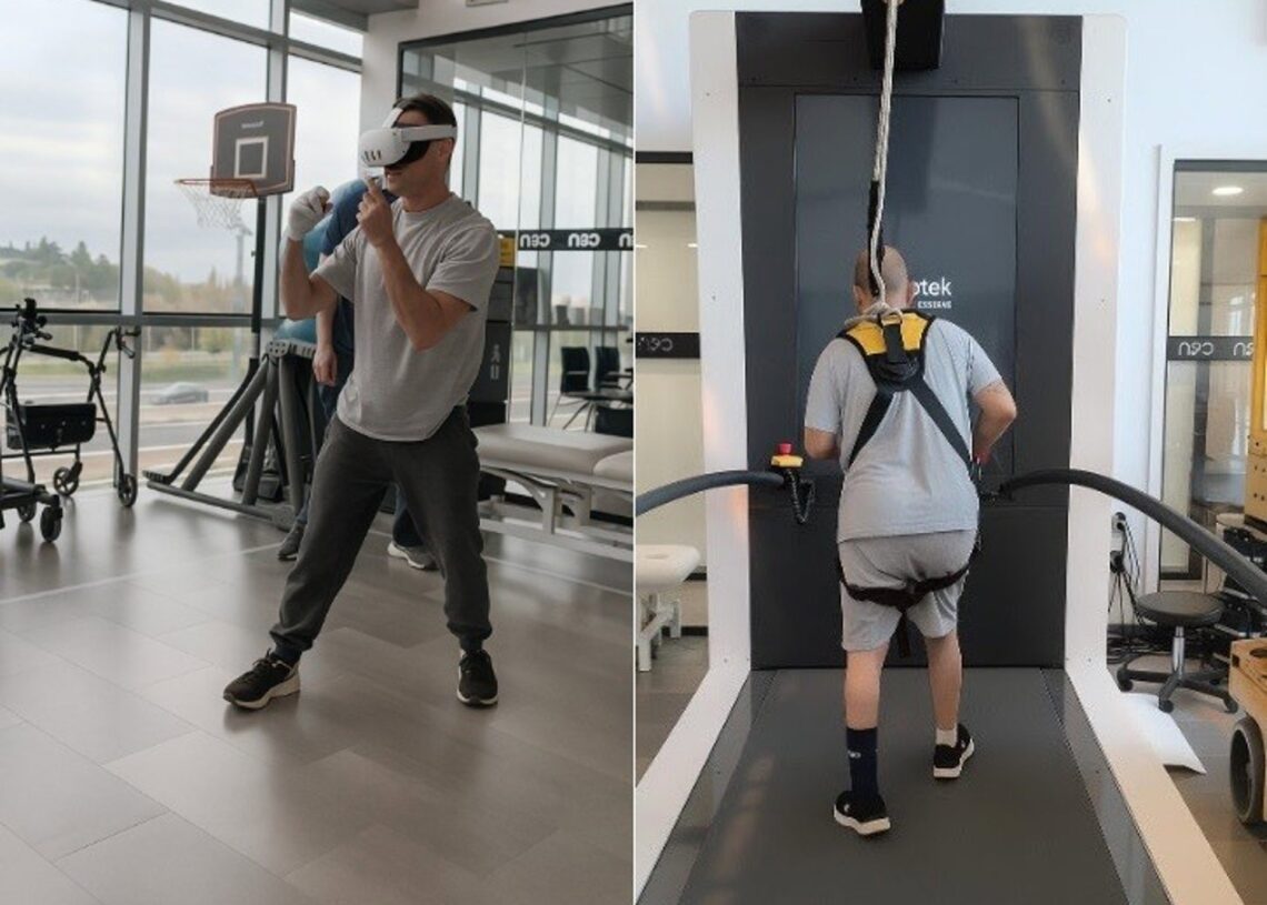 De izquierda a derecha: Rodrigo realizando terapia intensiva con realidad virtual, y Samuel durante una sesión de rehabilitación intensiva con la tecnología C-Mill RV.CENTRO EUROPEO DE NEUROCIENCIAS