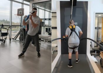 De izquierda a derecha: Rodrigo realizando terapia intensiva con realidad virtual, y Samuel durante una sesión de rehabilitación intensiva con la tecnología C-Mill RV.CENTRO EUROPEO DE NEUROCIENCIAS