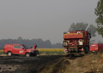 Archivo - Furgonetas y camiones de la UME, en tierra quemada tras un incendio.Fernando Otero - Europa Press - Archivo
