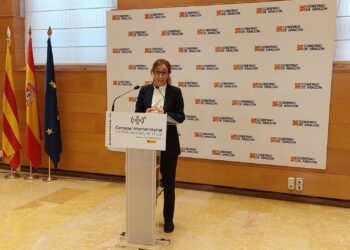 La ministra de Sanidad, Mónica García, en rueda de prensa en Zaragoza, tras el pleno del CISNS.EUROPA PRESS