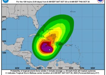 Mapa con la proyección de vientos del huracán 'Melissa'NHC