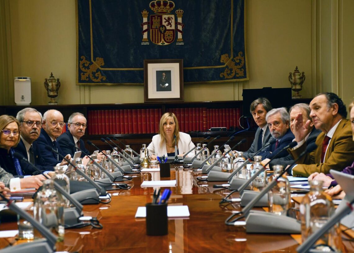 Archivo - La presidenta del CGPJ, Isabel Perelló(c), durante el pleno extraordinario que celebra el Consejo General del Poder Judicial (CGPJ), en relación con la Disposición Adicional de la Ley Orgánica 3/2024, de 2 de agosto, a 5 de febrero de 2025, en MCGPJ - Archivo