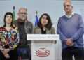 Archivo - La portavoz de Unidas por Extremadura, Irene de Miguel, junto al resto de diputados de la formación en la Asamblea, ofrece una rueda de prensaASAMBLEA DE EXTREMADURA - Archivo