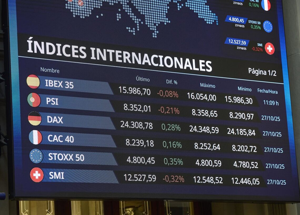 Paneles del Ibex en el Palacio de la Bolsa de Madrid, a 28 de octubre de 2025, en Madrid (España). Jesús Hellín - Europa Press