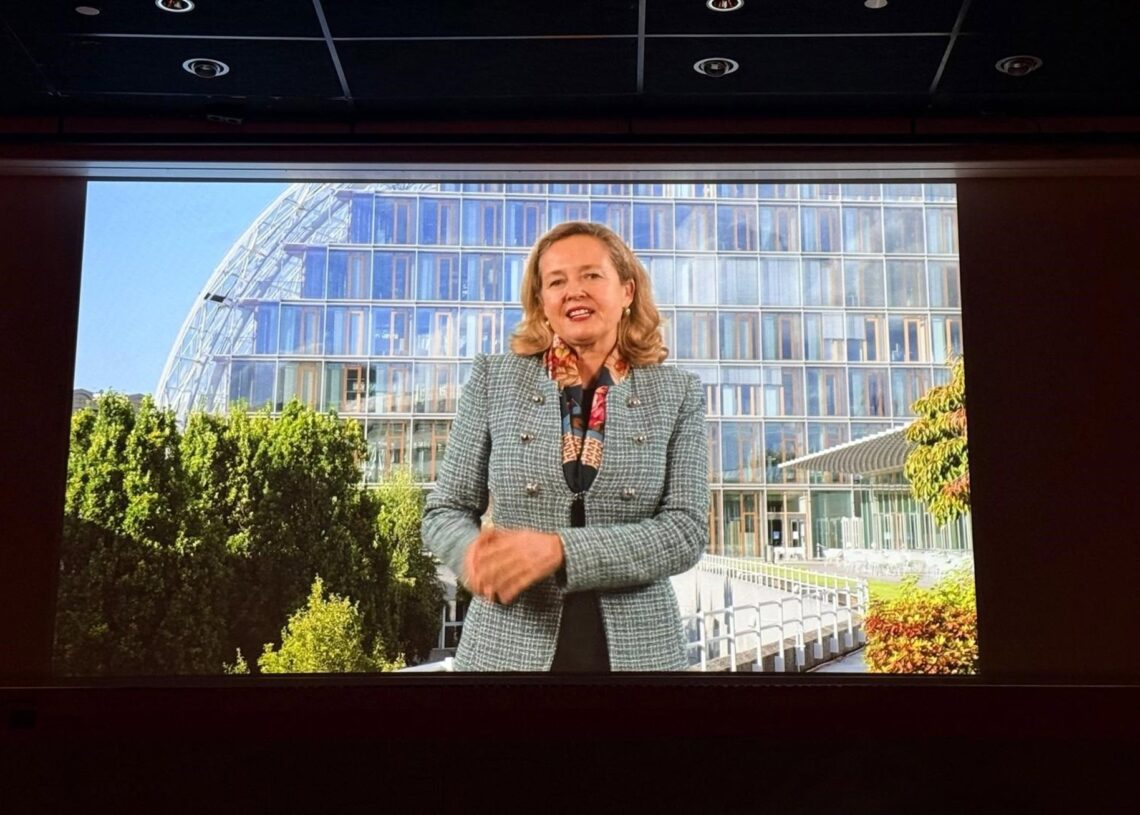 La presidenta del Banco Europeo de Inversiones (BEI), Nadia Calviño, en una intervención telemática en la apertura de las jornadas 'Building Change: Boosting Innovation for Affordable and Sustainable Housing in Europe'EUROPA PRESS