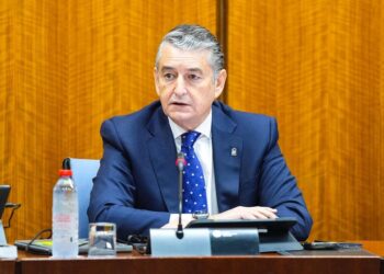 El consejero de Sanidad, Presidencia y Emergencias, Antonio Sanz, en la comisión parlamentaria del 30 de octubre de 2025.JOAQUIN CORCHERO / PARLAMENTO DE ANDALUCIA