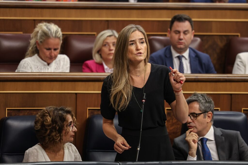 La vicepresidenta tercera y ministra para la Transición Ecológica, Sara Aagesen, interviene durante una sesión de control al Gobierno en el Congreso de los Diputados | Ananda Manjón (Europa Press).