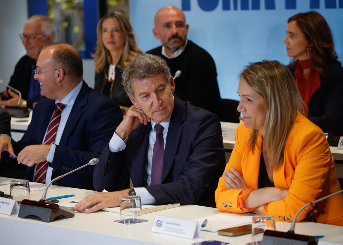 (I-D) El secretario general del PP, Miguel Tellado; el presidente del Partido Popular, Alberto Núñez Feijóo, y la  vicesecretaria de Coordinación Sectorial del PP, Alma Ezcurra, durante el Comité Ejecutivo Nacional del partido, en la sede nacional del PP,Alejandro Martínez Vélez - Europa Press