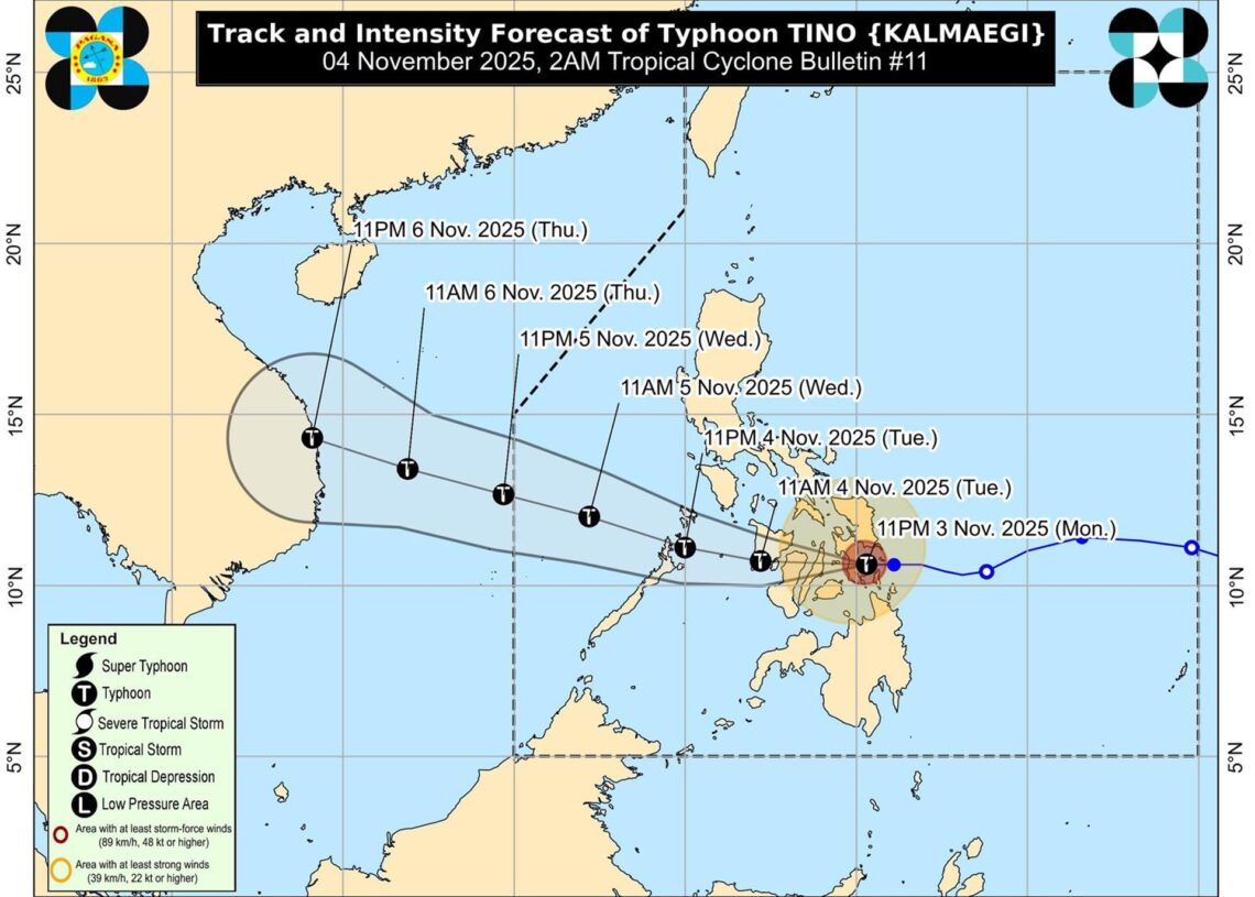 Trayectoria prevista del tifón 'Tino' a su paso por FilipinasPAGASA