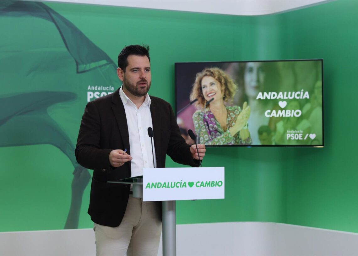 El secretario adjunto de Organización del PSOE-A, Alejandro Moyano, en rueda de prensa en la sede del partido en Sevilla.PSOE-A