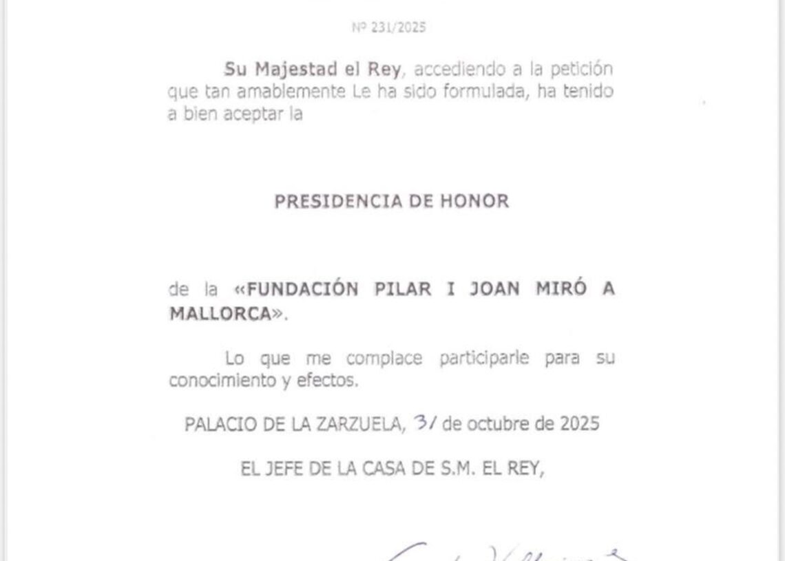 Casa Real renueva la credencial de la Presidencia de Honor de Fundació Pilar i Joan Miró Mallorca que ejerce Felipe VIAYUNTAMIENTO DE PALMA
