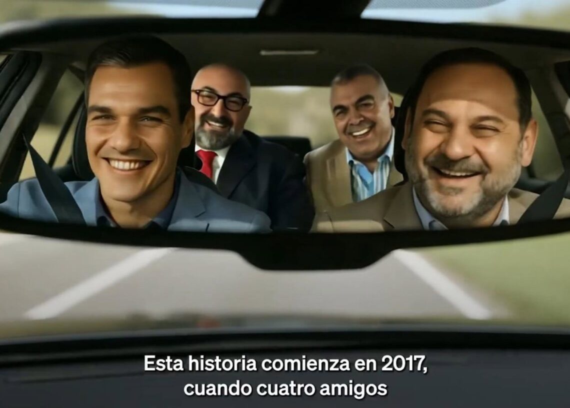 Archivo - Imagen generada a través de Inteligencia Artificial (IA) por el Partido Popular en la que figuran Pedro Sánchez, José Luis Ábalos, Koldo García y Santos Cerdán dentro de un cochePARTIDO POPULAR - Archivo