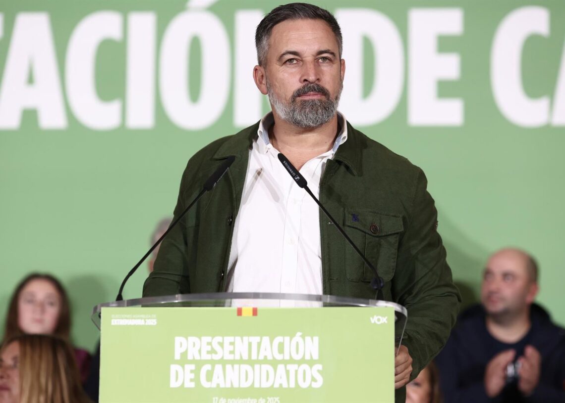 El presidente de VOX, Santiago Abascal, durante un acto para presentar a los candidatos de VOX a las elecciones autonómicas en Extremadura, en imagen de archivoJorge Armestar - Europa Press