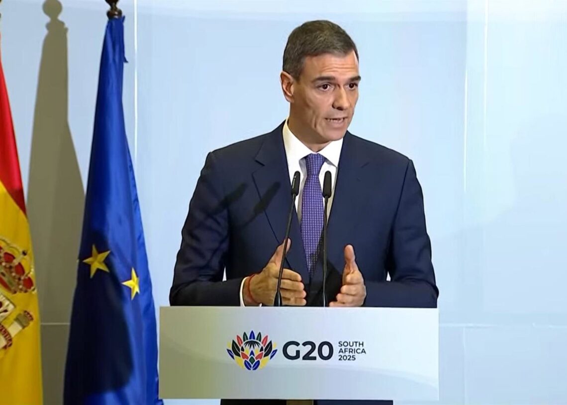 El presidente del Gobierno, Pedro Sánchez, en rueda de prensa tras la cumbre del G20 en Johannesburgo, el 23 de noviembre de 2025.EUROPA PRESS