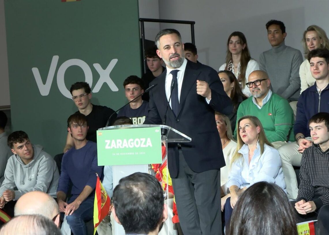 El líder de Vox, Santiago Abascal, en el mitin que ha ofrecido en Zaragoza.EUROPA PRESS