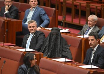 La senadora australiana Pauline Hanson vestida con un burka en el Senado. Mick Tsikas/AAP/dpa