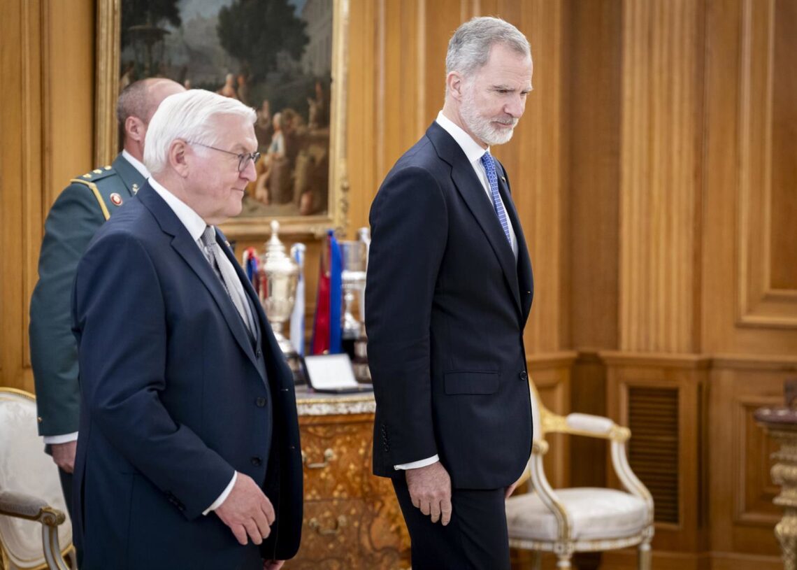 El Rey Felipe VI (d) asiste al encuentro con el presidente de la República Federal de Alemania, Frank-Walter Steinmeier (i), en el Palacio de La Zarzuela, a 26 de noviembre de 2025, en Madrid (España).A. Pérez Meca - Europa Press