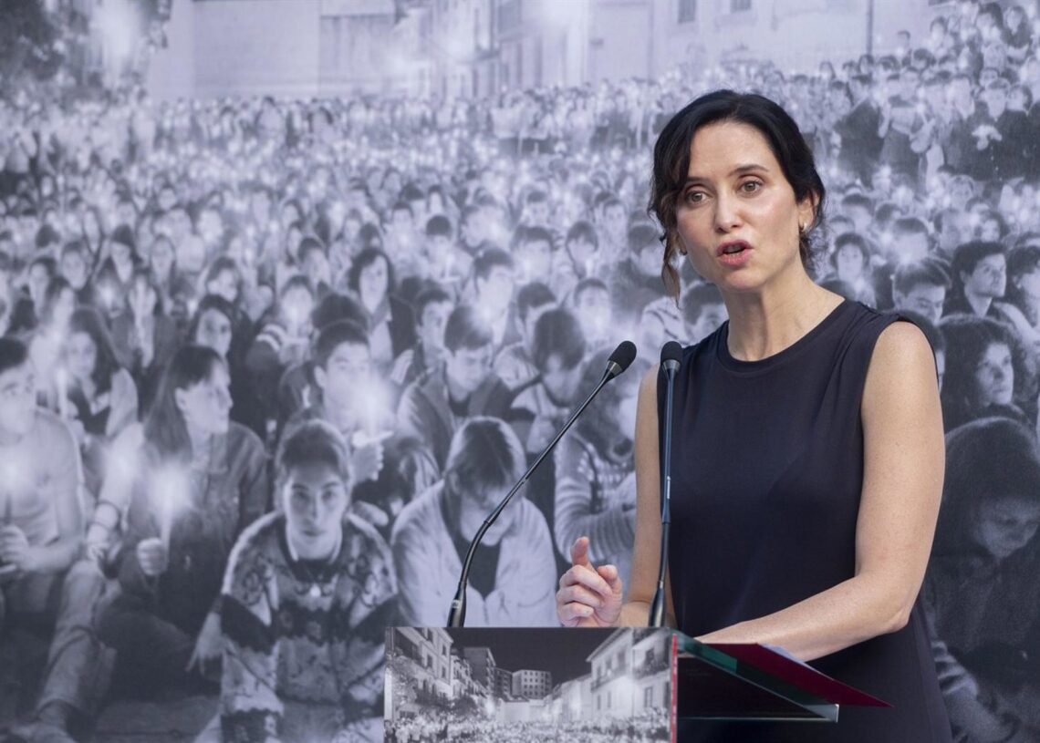 Archivo - La presidenta de la Comunidad de Madrid, Isabel Díaz Ayuso, durante el acto homenaje a Miguel Ángel BlancAlberto Ortega - Europa Press - Archivo