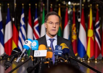 El secretario general de la OTAN, Mark Rutte, en declaraciones antes de la reunión de ministros de Exteriores aliados.NATO
